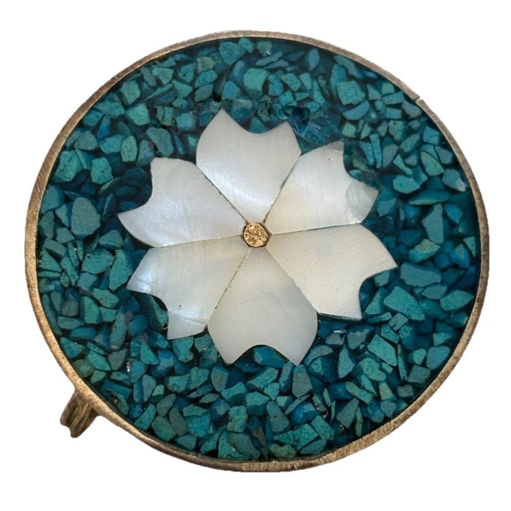 Alpaca Mexico Floral Inlay Abalone Shell Silver Tone Trinket Box Vintage